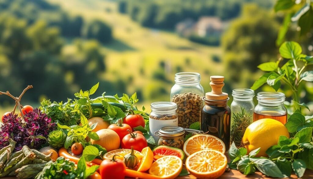 Dolichocôlon : symptômes, causes et traitements naturels 2 A serene and natural scene depicting a variety of holistic remedies for a healthy colon. In the foreground, an array of fresh herbs, fruits, and vegetables are artfully arranged, conveying the restorative power of whole foods. In the middle ground, glass jars filled with probiotic supplements and herbal tinctures suggest a comprehensive approach to gut health. The background features a lush, verdant landscape, hinting at the importance of environmental factors in maintaining a balanced digestive system. Warm, natural lighting casts a soft glow, creating an atmosphere of tranquility and wellness. The overall composition emphasizes the harmonious integration of nature-based solutions for addressing colon-related concerns.