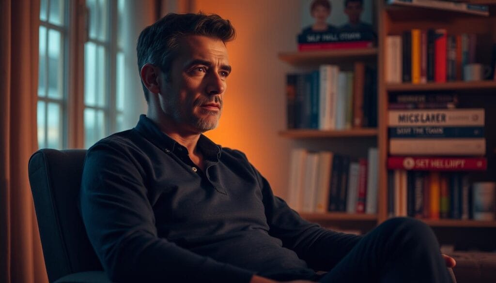 Prostate : 6 habitudes qui nuisent à votre santé masculine 1 A serene, dimly lit room with warm lighting and soft shadows. A man sitting in a comfortable chair, his expression one of deep contemplation and focus. In the background, a bookshelf with various self-help and wellness books, suggesting a pursuit of knowledge and personal growth. The overall atmosphere conveys a sense of introspection and a dedication to managing stress and maintaining a healthy lifestyle for the prostate.