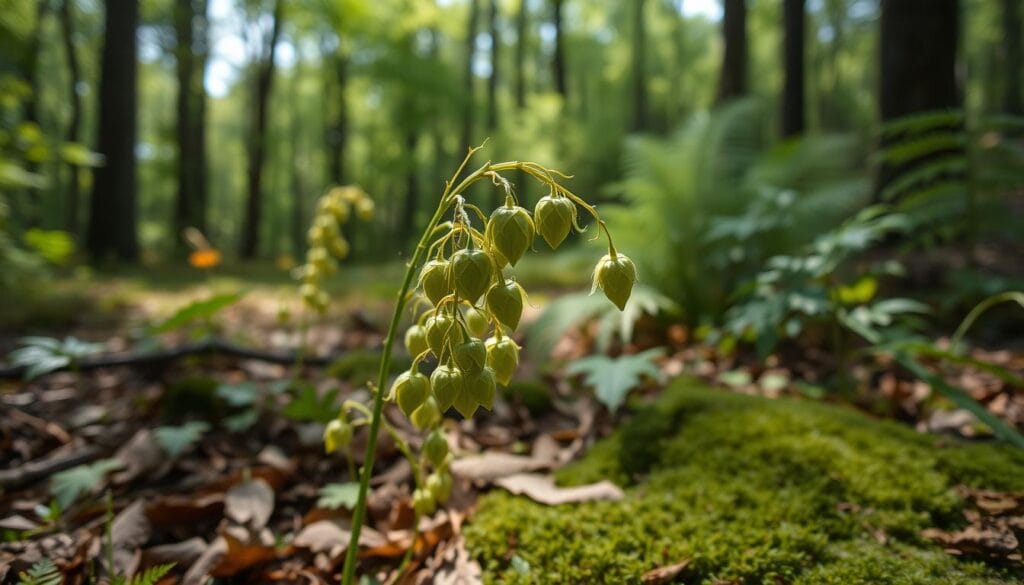 Houblon sauvage : reconnaître, cueillir et utiliser 1 A serene forest glade on a sunny day, with a close-up view of a wild hop plant. The delicate green hop cones are the focal point, their translucent leaves and tendrils gently swaying in the soft breeze. The ground is covered in a layer of fallen leaves and moss, creating a natural, earthy atmosphere. The lighting is soft and diffused, accentuating the verdant hues of the plant. In the background, tall trees and ferns create a lush, verdant backdrop, evoking a sense of tranquility and the untamed beauty of the wild landscape. The overall mood is one of reverence and caution, hinting at the importance of foraging with care and respect for the delicate ecosystems that sustain these precious natural resources.