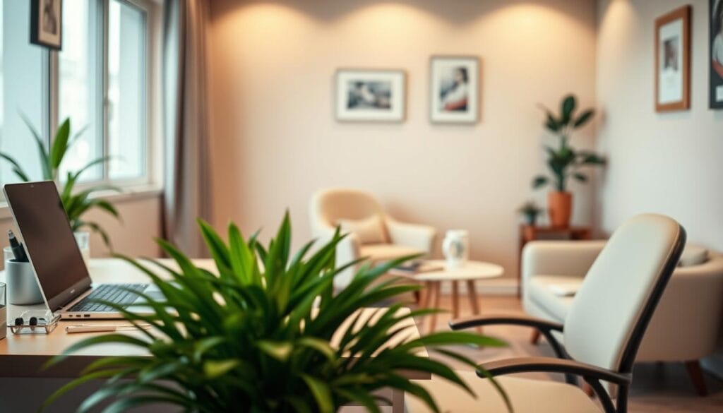 Salaire sage-femme 2025 : grille, évolution et primes 1 A serene medical office setting with a focus on a midwife's desk. The desk features a laptop, a pen holder, and medical instruments neatly arranged. In the foreground, a potted plant adds a touch of life to the space. The middle ground showcases a cozy seating area with a comfortable armchair and a side table, creating an inviting atmosphere. The background features a warm, muted color palette with soft lighting, conveying a sense of professionalism and tranquility. The overall scene reflects the topic of "sage-femme salaire 2025" in a visually appealing and relevant manner.