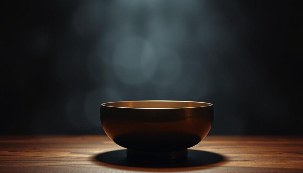 Bol tibétain : effets secondaires et précautions d'usage 2 A serene tibetan singing bowl set against a dimly lit, meditative backdrop. The bowl, crafted from bronze, sits atop a wooden surface, its smooth curves reflecting the soft lighting. A beam of warm, ambient light illuminates the bowl, casting gentle shadows that accentuate its form. In the background, a hazy, atmospheric scene evokes a sense of tranquility and introspection, with muted tones and a subtle, dreamlike quality. The overall composition conveys a calming, contemplative mood, suitable for illustrating the section on "contre-indications et précautions d'usage" for the article on tibetan singing bowls.