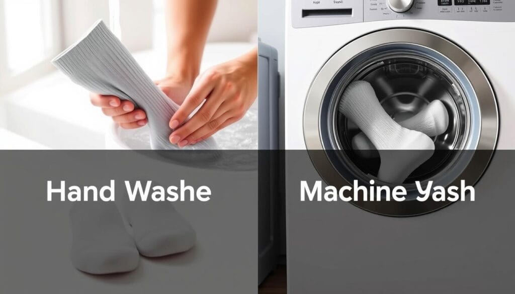 A side-by-side comparison of hand washing and machine washing compression socks. In the foreground, a pair of clean compression socks on a white background, with soft, natural lighting. In the middle ground, a person's hands gently scrubbing a compression sock under running water. In the background, a modern front-loading washing machine, its glass door visible, with the compression socks tumbling inside. The scene conveys a sense of cleanliness, efficiency, and the choice between manual and automated washing methods for this specialized garment. A side-by-side comparison of hand washing and machine washing compression socks. In the foreground, a pair of clean compression socks on a white background, with soft, natural lighting. In the middle ground, a person's hands gently scrubbing a compression sock under running water. In the background, a modern front-loading washing machine, its glass door visible, with the compression socks tumbling inside. The scene conveys a sense of cleanliness, efficiency, and the choice between manual and automated washing methods for this specialized garment.