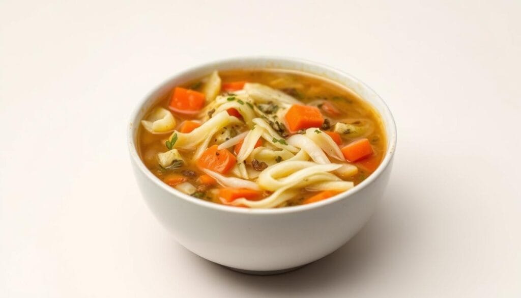 Soupe aux choux minceur : recette efficace et conseils 1 A steaming bowl of homemade weight-loss cabbage soup, set against a simple, minimalist background. The soup is filled with tender, thinly sliced cabbage, carrots, onions, and a blend of aromatic herbs and spices, creating a hearty, low-calorie dish. Soft, diffused lighting illuminates the soup, highlighting its vibrant colors and inviting texture. The bowl is placed on a clean, uncluttered table, allowing the soup to be the focal point. The overall atmosphere conveys a sense of health, simplicity, and efficiency, perfectly capturing the essence of the "cabbage soup diet" recipe.