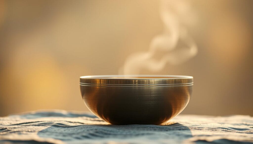 Bol tibétain : effets secondaires et précautions d'usage 1 A tranquil scene of a Tibetan singing bowl resting on a serene, natural surface. The bowl emits a soft, mesmerizing glow, its metal surface reflecting the warm, diffused lighting. Delicate vibrations ripple across the bowl's surface, creating a hypnotic visual representation of its resonant tones. The background is hazy and out of focus, allowing the viewer to concentrate on the captivating energy of the bowl. The overall atmosphere is one of balance, harmony, and a deep sense of healing vibrations.