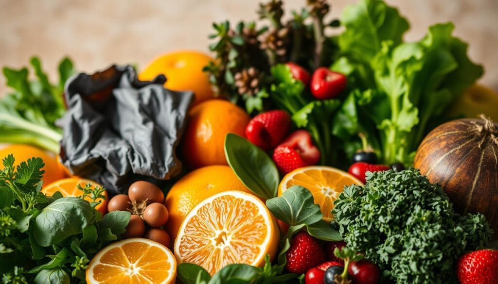 Maladie de Gilbert : aliments interdits et régime adapté 1 A vibrant, close-up photograph showcasing a variety of fresh, organic fruits and vegetables against a soft, blurred background. The produce includes leafy greens, citrus fruits, berries, and other liver-supporting ingredients. The lighting is warm and natural, casting a gentle glow on the subjects. The composition emphasizes the textures, colors, and overall health-promoting properties of the foods, conveying a sense of balance, vitality, and nourishment for the liver. The overall mood is one of wellness, mindfulness, and an appreciation for the restorative power of a nutrient-dense, liver-friendly diet.
