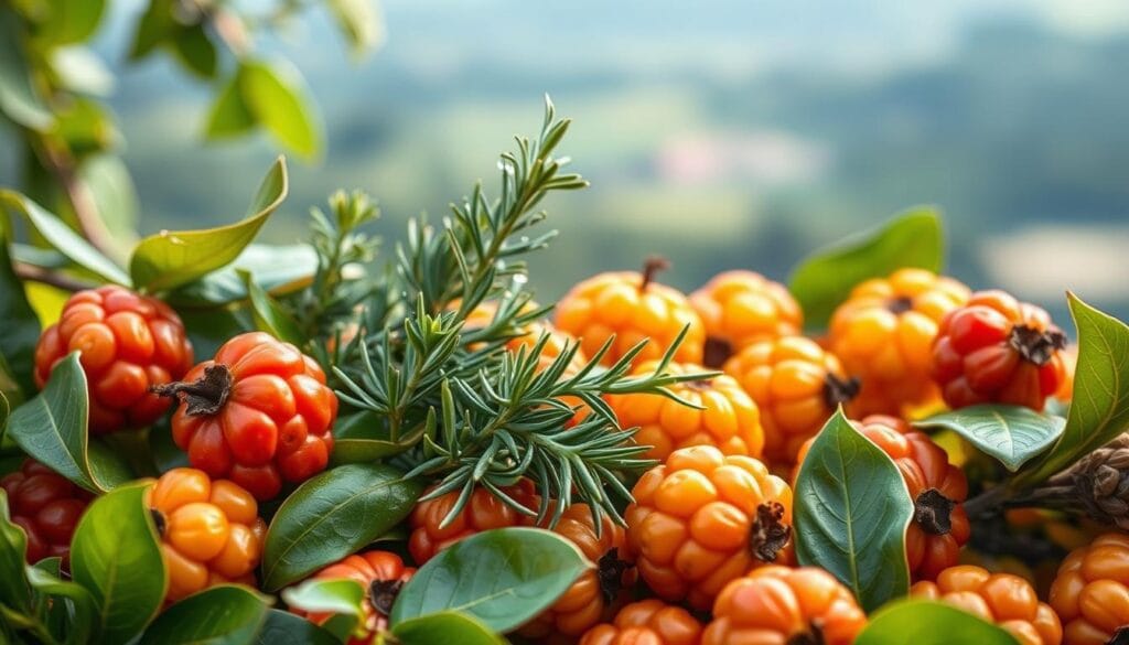 Fruit de l'arbousier : toxique ou comestible ? La vérité 1 A vibrant, high-quality still life depicting an assortment of natural antioxidants. In the foreground, ripe, juicy arbutus fruits in warm hues of orange, red, and yellow are nestled among lush green leaves. In the middle ground, sprigs of rosemary, sprinkled with morning dew, add a touch of aromatic freshness. The background features a soft, blurred landscape, hinting at the natural setting where these healthful ingredients thrive. Soft, diffused lighting casts a natural glow, emphasizing the vibrant colors and textures. Captured with a shallow depth of field to draw the viewer's attention to the central elements. The overall composition conveys the rich, nourishing benefits of these natural antioxidants.