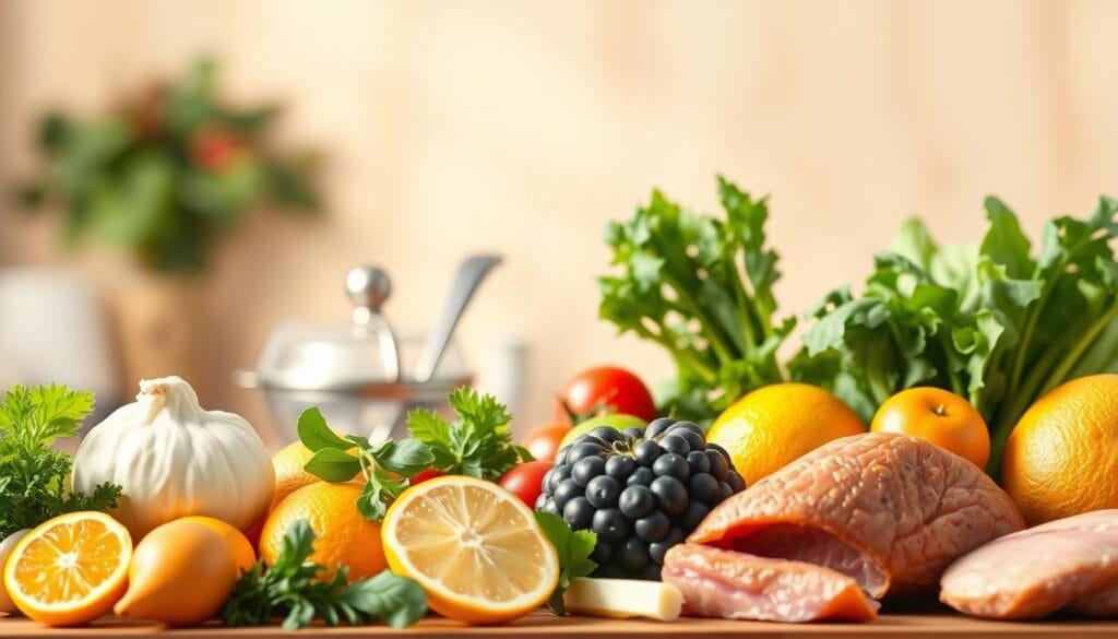 Maladie de Gilbert : aliments interdits et régime adapté 3 A vibrant, minimalist illustration showcasing a collection of healthy, liver-friendly ingredients against a softly blurred background. In the foreground, an assortment of fresh produce such as leafy greens, cruciferous vegetables, citrus fruits, and lean protein sources are elegantly arranged, conveying a sense of balance and nutritional abundance. The middle ground features subtle kitchen utensils or serveware, hinting at the practical application of these ingredients in a healthy culinary routine. The background is gently defocused, creating a sense of tranquility and wellness. The overall composition is lit by warm, natural lighting, evoking a calming, inviting atmosphere suitable for the "Conseils pratiques pour adopter une hygiène de vie saine" section of the article.