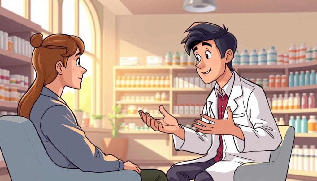 Pharmacie-Citypharma.fr : bons plans santé en ligne 1 A warm, inviting pharmacy interior with a knowledgeable pharmacist providing personalized advice to a customer. The scene is bathed in soft, natural lighting filtering through large windows, creating a calming atmosphere. The pharmacist, dressed in a clean white lab coat, leans forward attentively, gesturing as they discuss a health-related topic. The customer, seated comfortably, listens intently, their expression one of trust and engagement. The pharmacy shelves in the background are neatly organized, conveying a sense of professionalism and expertise. Overall, the image communicates the personalized, expert-driven service that the pharmacy offers to its customers.