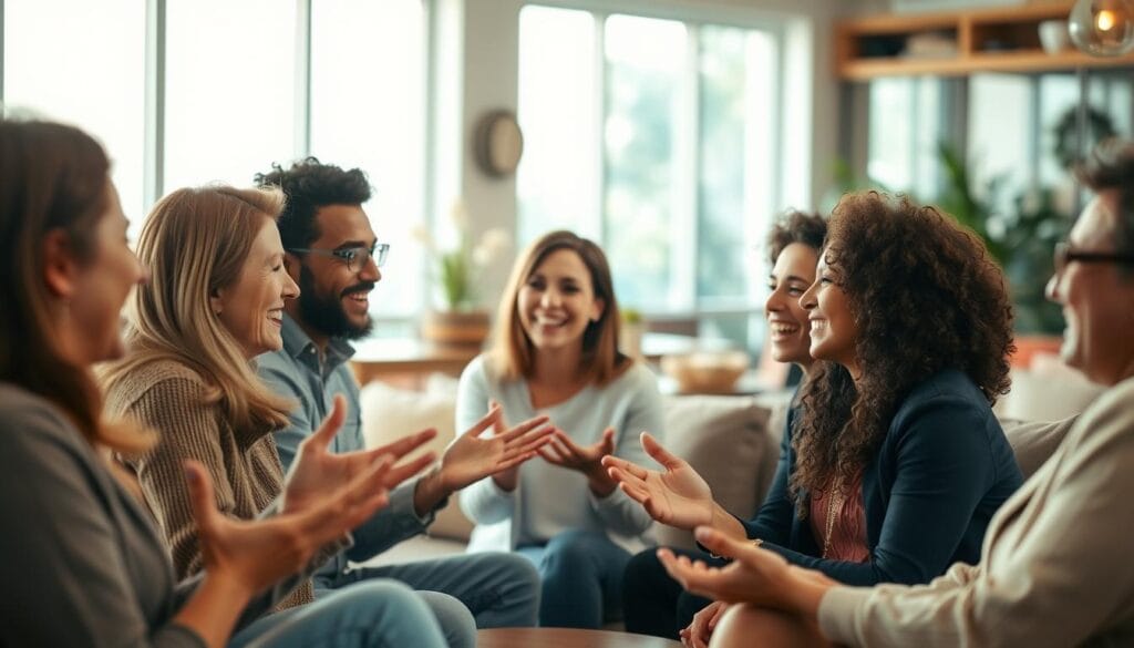 Ceinture Lombaire Sciatique : Avis et Test Complet 2 A warm, inviting scene depicting multiple people sharing positive experiences and testimonials. In the foreground, a group of diverse individuals smiling and gesturing animatedly as they engage in friendly conversation. The middle ground features a cozy, well-lit living room or cafe setting, with plush furniture and natural accents. The background is softly blurred, creating a sense of depth and focus on the central figures. Soft, natural lighting filters through large windows, casting a gentle glow and creating an atmosphere of contentment and positivity. The overall mood is one of genuine connection, comfort, and shared enthusiasm for the product or service being discussed.
