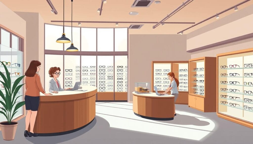 Grand Optical : lunettes, lentilles et examens vue 1 A warm, welcoming optical showroom with a modern, elegant interior. A stylish, well-lit reception area features a curved, wooden counter where a friendly optician greets customers. Behind the counter, a display of fashionable eyewear frames in a variety of styles and colors invites browsing. Large windows flood the space with natural light, creating a bright, airy atmosphere. Subtle lighting fixtures and a neutral color palette contribute to a calming, refined ambiance. Customers feel at ease as they discuss their vision needs and browse the selection, engaging in a personalized optical experience.