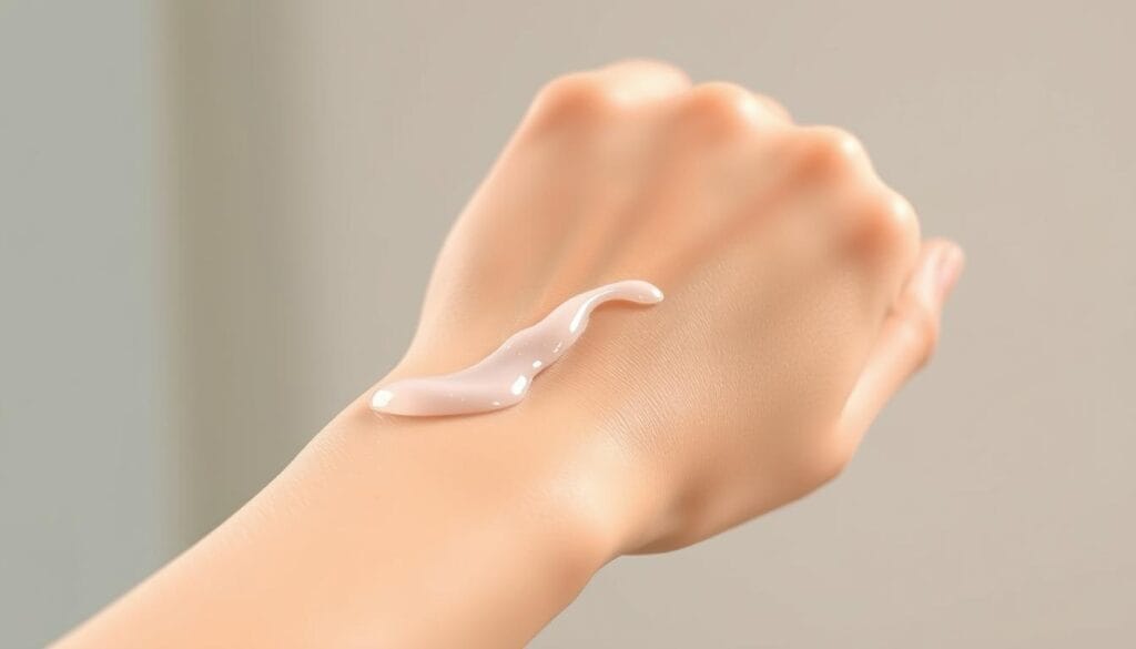 Newa : soins anti-âge à technologie radiofréquence 3 A well-lit, close-up shot of a person's hand applying a generous amount of anti-aging skincare gel evenly across their forearm. The skin appears smooth and youthful, with a healthy glow. The gel has a translucent, slightly shimmering texture, and its application is demonstrated with care and precision. The background is subtly blurred, keeping the focus on the application process. The overall mood is serene and informative, conveying the ease and effectiveness of this step in the skincare routine.