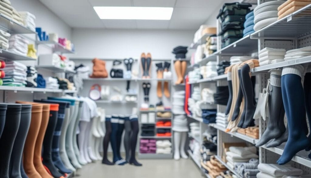 Bas de contention après opération : comment bien les choisir ? 1 A well-lit medical supply room, with rows of compression socks, bandages, and other medical accessories neatly arranged on shelves. The foreground features several types of compression stockings, their textures and colors clearly visible, inviting the viewer to examine and consider their qualities. The middle ground showcases a range of compression braces, wraps, and supports, demonstrating the breadth of medical compression products available. The background fades into a clean, clinical environment, with soft, indirect lighting casting a professional, authoritative atmosphere. The image conveys a sense of medical expertise, highlighting the importance of carefully selecting the right compression garments for post-operative care.