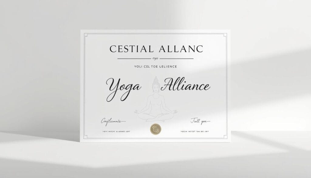 Formation YTT : guide complet du Yoga Teacher Training 1 Certification yoga alliance A sleek and modern certificate design with a serene yoga pose in the center, surrounded by elegant calligraphic elements and a minimalist layout. The certificate is presented against a soft, muted background, with subtle lighting creating a sense of depth and dimension. The overall composition conveys a sense of professionalism, expertise, and the essence of yoga practice.
