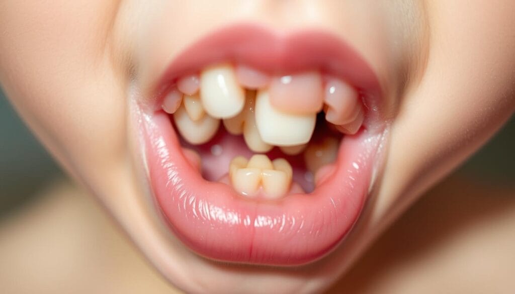 Dents incisives : rôle, caractéristiques et soins spécifiques 1 Detailed close-up of the process of tooth eruption, showcasing the gradual emergence of a child's incisor tooth from the gums. The image should depict the various stages of this natural development, with a clear focus on the transitional phases as the tooth pushes through the soft tissue. Utilize a soft, natural lighting setup to create a serene, educational atmosphere, emphasizing the intricate textures and forms of the erupting tooth and surrounding gums. Capture this process from a slightly elevated, angled perspective to provide visual clarity and depth. The overall tone should be informative and visually engaging, suitable for inclusion in an article about the characteristics and care of incisor teeth.