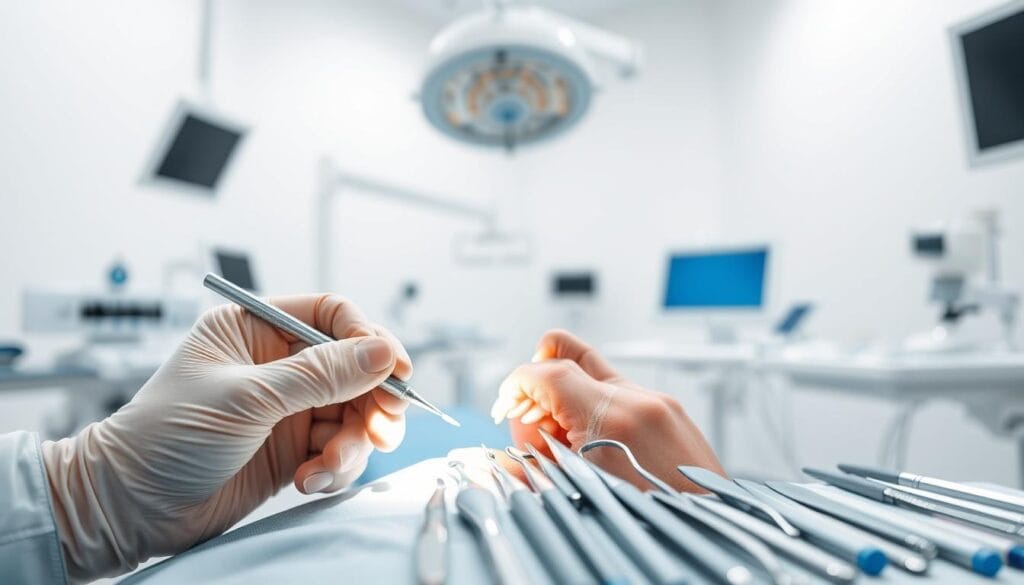 Stomatologue : définition, rôle et spécialités expliqués 2 Highly detailed, photorealistic image of surgical techniques in stomatology. Bright, clean, and clinically sterile environment. In the foreground, a dentist's hands performing a precise dental procedure, holding specialized instruments. In the middle ground, a variety of modern dental tools and equipment neatly arranged. In the background, a blurred view of a professional dental clinic, with clean white walls and bright lighting. Convey a sense of medical expertise, precision, and technological advancement in the field of stomatology.