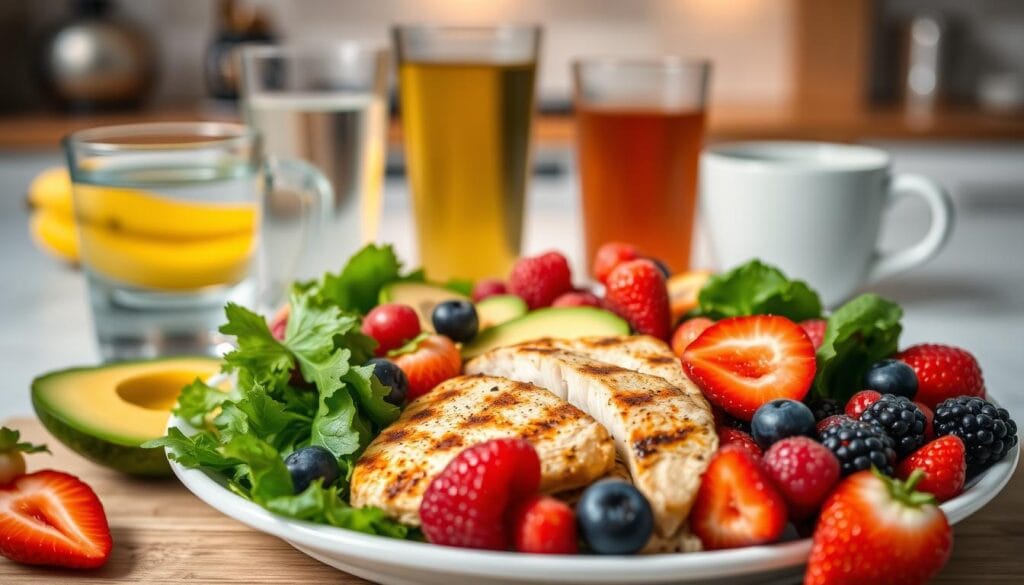 Diabète et fruits : lesquels choisir et en quelle quantité 3 A balanced and nutritious meal for a person with diabetes, featuring a variety of colorful fruits and vegetables. The foreground depicts a neatly arranged plate with grilled chicken, mixed greens, sliced avocado, and an assortment of fresh berries. The middle ground showcases a glass of water and a cup of herbal tea, complementing the healthy components. The background is a serene, softly-lit kitchen counter, creating a calming and inviting atmosphere. The lighting is soft and natural, highlighting the vibrant colors and textures of the ingredients. The overall composition conveys a sense of balance, moderation, and attention to dietary needs for effective diabetes management.