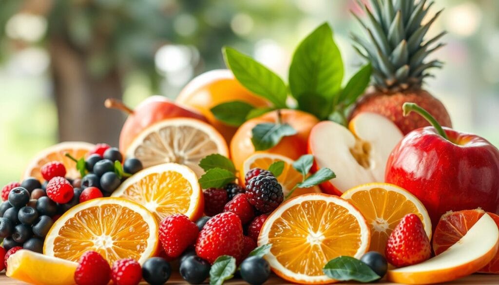 Diabète et fruits : lesquels choisir et en quelle quantité 2 A bountiful still life displaying an assortment of vibrant, diabetes-friendly fruits against a softly blurred backdrop. Crisp, evenly lit produce occupies the foreground, including juicy berries, citrus slices, and crunchy apple wedges. The midground features lush, verdant leaves and stems, while the background suggests a serene, natural setting, perhaps a garden or orchard. The overall composition conveys a sense of health, abundance, and culinary delight, inviting the viewer to appreciate the benefits of these carefully selected diabetic-friendly fruits.