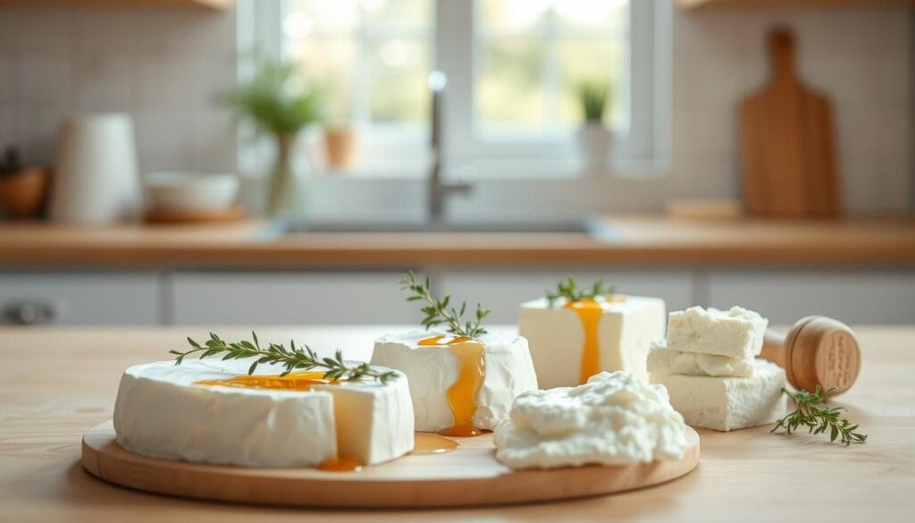 Fromage le moins calorique : top 10 pour garder la ligne 3 A clean, minimalist kitchen counter with a light wooden surface. In the foreground, an assortment of light and creamy cheeses, including brie, ricotta, and cottage cheese, artfully arranged with sprigs of fresh herbs and a drizzle of honey. The lighting is soft and natural, casting a warm glow on the scene. In the background, a blurred view of a window overlooking a peaceful, outdoor setting, hinting at the healthful and sustainable nature of these lighter cheese options. The overall atmosphere is one of simplicity, freshness, and a balanced, nutritious approach to enjoying cheese.