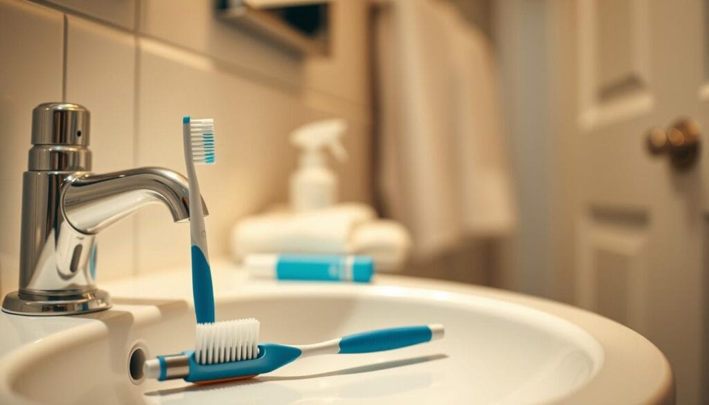 Goût métallique et fatigue : 8 causes possibles 1 A clean, well-lit bathroom setting with a sink, toothbrush, toothpaste, and dental floss prominently displayed. The lighting is warm and inviting, casting a soft glow on the scene. The focus is on the oral hygiene products, highlighting their importance in maintaining good dental health. The background is slightly blurred, with subtle details like towels or a mirror to create a sense of depth and context. The overall mood is one of cleanliness, health, and attention to personal care.
