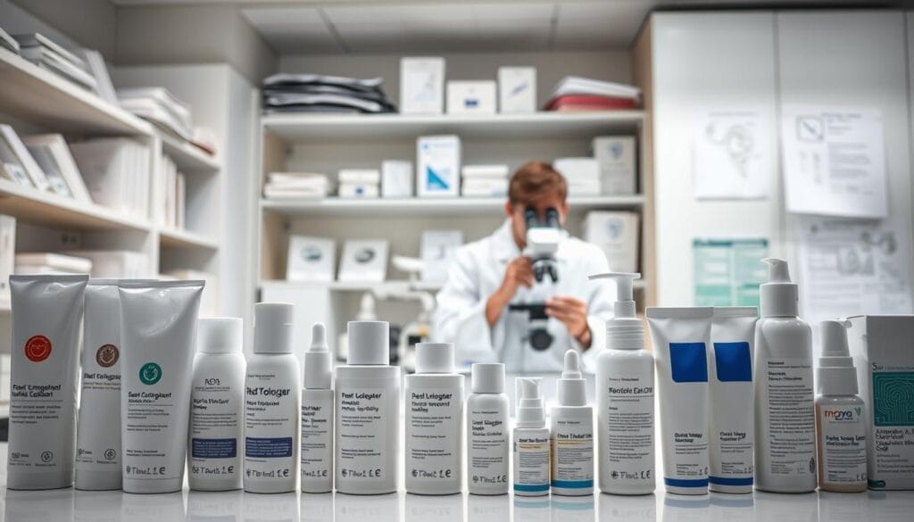 Dexeryl retiré : raisons et produits de substitution 2 A clean, well-lit product lab with a focused, professional atmosphere. In the foreground, a selection of dermatological products arranged neatly, their packaging displaying safety certification symbols and regulatory information. In the middle ground, a scientist in a white lab coat examines product samples under a microscope, ensuring adherence to strict quality standards. The background features shelves of reference materials, technical diagrams, and industry guidelines, conveying the importance of rigorous safety protocols. Soft, diffused lighting casts an air of meticulous attention to detail, underscoring the critical importance of regulatory compliance in the dermatological industry.