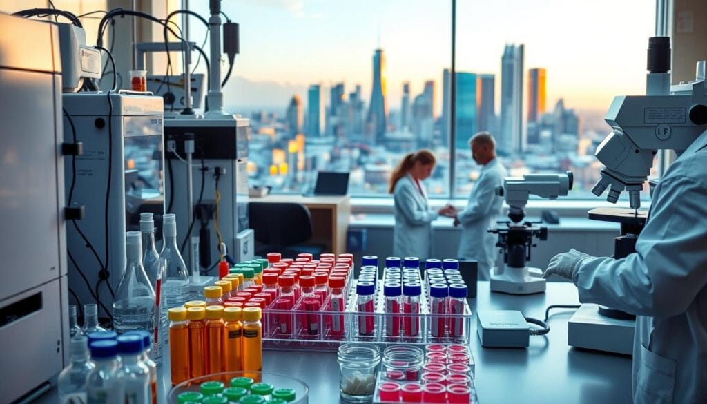 Changement d'odeur corporelle : signe précoce de cancer ? 3 A clinical laboratory setup with state-of-the-art diagnostic equipment, including a mass spectrometer, biosensors, and a microscope. In the foreground, various biological samples are being processed and analyzed. The middle ground features a team of scientists and technicians in white lab coats, engaged in collaborative research. The background showcases a vibrant cityscape, representing the advancements in urban healthcare infrastructure. The scene conveys a sense of scientific progress, innovation, and the relentless pursuit of early cancer detection methods.