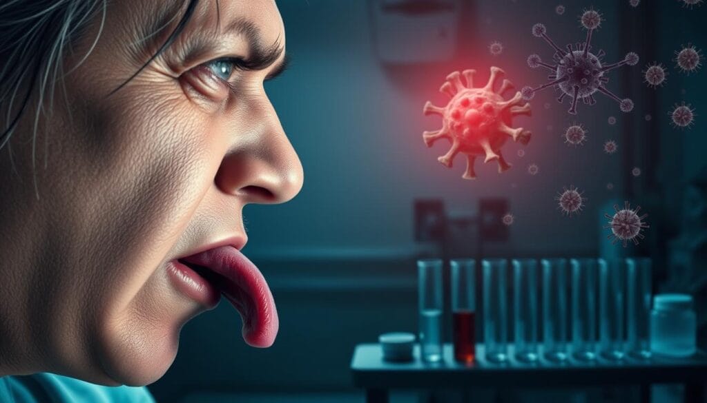 Goût métallique et fatigue : 8 causes possibles 3 A clinical scene depicting the neurological and infectious impacts on metallic taste. In the foreground, a close-up of a patient's face showing a pained expression, their tongue slightly protruding. In the middle ground, an array of medical instruments and test tubes, symbolizing the diagnostic process. The background features a dimly lit, sterile hospital environment, with subtle hints of neural networks and infectious agents subtly woven into the shadows. The lighting is clinical, with cool tones emphasizing the gravity of the subject matter. The overall mood is one of concern and inquiry, reflecting the importance of understanding the causes of this perplexing symptom.