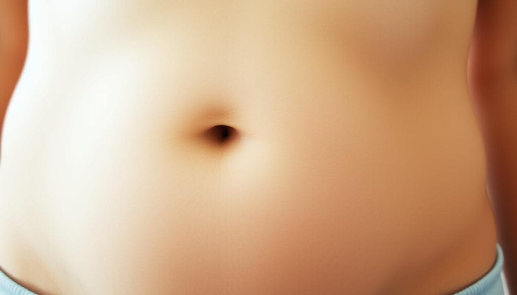 Cœlioscopie : définition, avantages et déroulement 2 A close-up image of a person's abdomen, showing the reduced scarring from a laparoscopic (coelioscopic) surgical procedure. The skin is smooth and lightly tanned, with only faint, thin lines where the tiny incisions were made. The lighting is soft and diffused, creating a warm, soothing atmosphere. The angle is slightly elevated, providing a clear view of the healed surgical sites. The focus is sharp, allowing the viewer to appreciate the minimal scarring and the advantages of the coelioscopic approach over traditional open surgery.