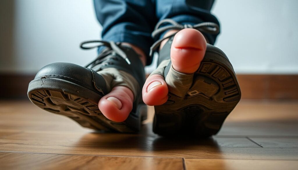 Nerf sural : anatomie, pathologies et traitements 1 A close-up view of a person's feet wearing ill-fitting, uncomfortable shoes, causing pain and discomfort. The shoes are worn and tattered, clearly not providing adequate support or cushioning. The feet are slightly swollen and reddened, indicating irritation from the improper footwear. The image is shot from a low angle, emphasizing the subject's distress. The lighting is harsh, casting shadows that accentuate the imperfections of the shoes and the strain on the feet. The background is blurred, keeping the focus on the central subject and the discomfort it portrays.