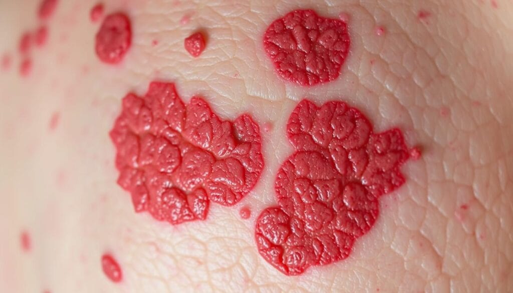 Dexeryl retiré : raisons et produits de substitution 1 A close-up view of eczéma psoriasis on human skin, with inflamed, scaly, and reddened patches covering the surface. The texture is rough and uneven, with visible cracks and fissures. The lighting is soft and diffused, casting gentle shadows that accentuate the skin's imperfections. The focus is sharp, allowing for clear observation of the intricate details, such as the thickened, flaky epidermis and the underlying inflammation. The overall mood is one of discomfort and irritation, conveying the challenges faced by those living with this skin condition. The image is framed to emphasize the affected area, providing a detailed, clinical perspective for the viewer.