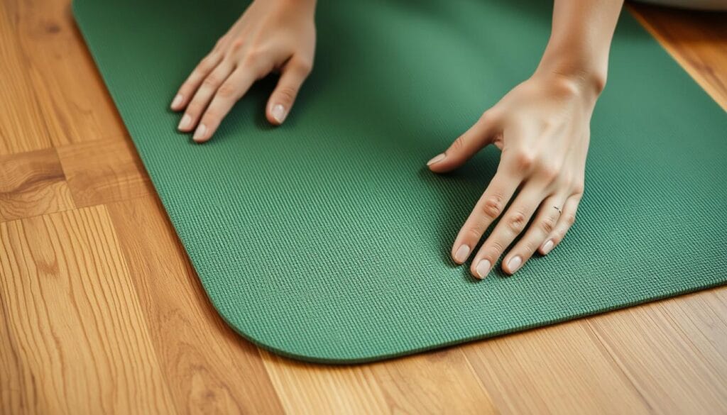 Kaizenly : avis, efficacité et guide d'utilisation 3 A closeup view of an eco-friendly yoga mat resting on a wooden floor, with a soft, natural lighting illuminating its textured surface. The mat is made of sustainable materials, its green color complementing the warm, earthy tones of the surroundings. A pair of hands gently caressing the mat, demonstrating the proper care and maintenance techniques. The scene conveys a sense of tranquility and mindfulness, inviting the viewer to imagine the soothing experience of practicing yoga on this high-quality, environmentally-conscious accessory.
