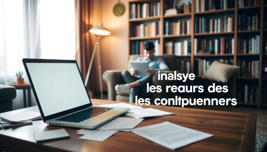 Dexeryl retiré : raisons et produits de substitution 3 A cozy living room setting with a soft, warm lighting. In the foreground, a laptop sits open on a wooden table, surrounded by scattered notes and documents. In the middle ground, a person is seated in a comfortable armchair, intently studying the screen. The background features a bookshelf filled with volumes, hinting at a thoughtful, reflective atmosphere. The overall mood conveys a sense of contemplation and analysis, reflecting the theme of "Analyse des retours des consommateurs".