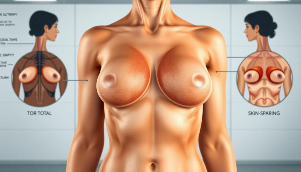 Mastectomie : définition, types et récupération post-opératoire 2 A detailed anatomical diagram showcasing the various types of mastectomy procedures. A central figure displays the different surgical approaches, including total, partial, and skin-sparing mastectomies, depicted with precise medical illustrations. The background features a clean, clinical setting with subtle grid-like patterns suggestive of medical charts or diagrams. Crisp lighting highlights the technical details, with a cool, professional tone conveying the informative nature of the image. The composition balances technical accuracy with visual clarity, designed to educate and inform the viewer about the diverse mastectomy options.