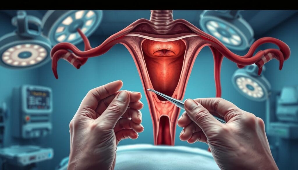 Curetage utérin : indications, déroulement et récupération 2 A detailed, anatomical illustration of a uterine curettage procedure. The foreground depicts the gynecologist's hands delicately guiding a metal curette into the open cervix, scraping the uterine lining. In the middle ground, the uterus is visible, with its distinctive shape and interior layers clearly defined. The background showcases a sterile, clinical environment with medical equipment and lighting that casts a cool, professional atmosphere. The lighting is soft and directional, highlighting the precision of the procedure. The overall mood is one of focused medical care, with a sense of care and expertise.