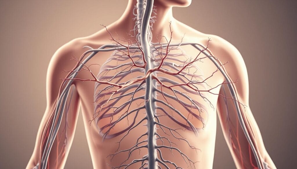 Vitamine B7 : bienfaits, sources et dosage recommandé 2 A detailed, anatomically accurate illustration of the human nervous system, with a focus on the intricate network of nerves and pathways. The image should convey a sense of biological complexity and the vital role of vitamin B7 in supporting neural function. Depict the nervous system against a softly lit, muted background, with a clean, clinical aesthetic. Emphasize the delicate, branching structures of nerves and nerve endings, rendered in a highly detailed, photorealistic style. The composition should balance scientific precision with an aesthetic that is visually engaging and informative.