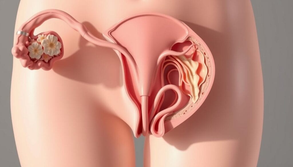 Salpingectomie : indications, technique et conséquences 1 A detailed cross-section of the human female reproductive system, showcasing the delicate structure of the fallopian tubes (trompes fallope). The image should have a clean, scientific medical illustration style, with a neutral color palette and precise anatomical details. The fallopian tubes should be prominently featured, rendered with a high level of realism and clarity, highlighting their sinuous shape and intricate internal architecture. The surrounding organs, such as the uterus and ovaries, should be present but slightly out of focus, providing context without distracting from the main subject. Crisp lighting from an overhead angle casts subtle shadows, enhancing the three-dimensional depth and volume of the structures. The overall mood should convey a sense of educational clarity and clinical precision, suitable for inclusion in a medical article on salpingectomy.