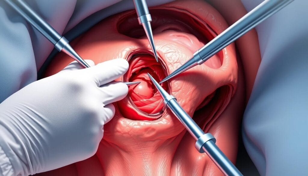 Conisation du col : indications, technique et suites opératoires 1 A detailed, high-quality medical illustration depicting the surgical techniques of cervical conization. The image showcases the key steps of the procedure, including the use of surgical tools, the removal of the target tissue, and the closure of the incision. The scene is rendered with a clean, technical aesthetic, using bright, directional lighting to highlight the precision and care required for this delicate operation. The composition presents a clear, unobstructed view of the surgical field, allowing the viewer to observe the procedure in detail. The overall tone is one of professionalism and educational intent, reflecting the instructional nature of the article.