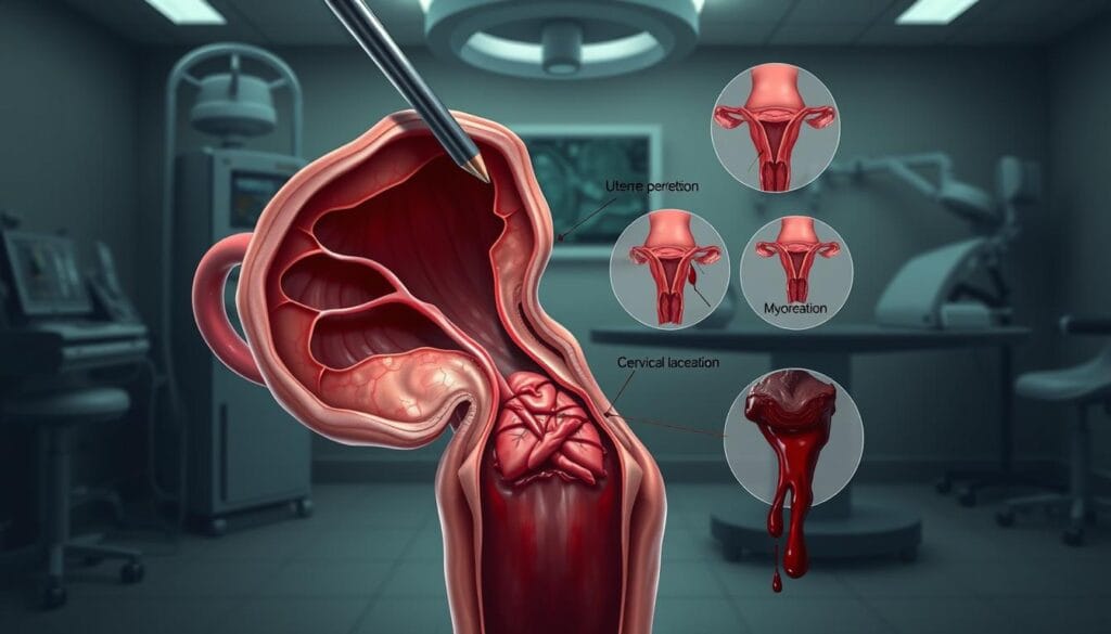 Curetage utérin : indications, déroulement et récupération 3 A detailed, high-resolution digital illustration depicting the potential risks and complications of uterine curettage. The foreground features a cross-sectional view of the uterus, with the curettage procedure being performed. Subtle anatomical details are visible, including the endometrium, myometrium, and cervix. The middle ground showcases a series of potential complications, such as uterine perforation, cervical laceration, and excessive bleeding. The background is a muted, clinical setting with medical equipment and diagnostic imagery, conveying a sense of gravity and medical intervention. Realistic lighting and shadows enhance the depth and realism of the scene. The overall mood is informative and cautionary, aimed at educating the viewer about the potential risks associated with this gynecological procedure.