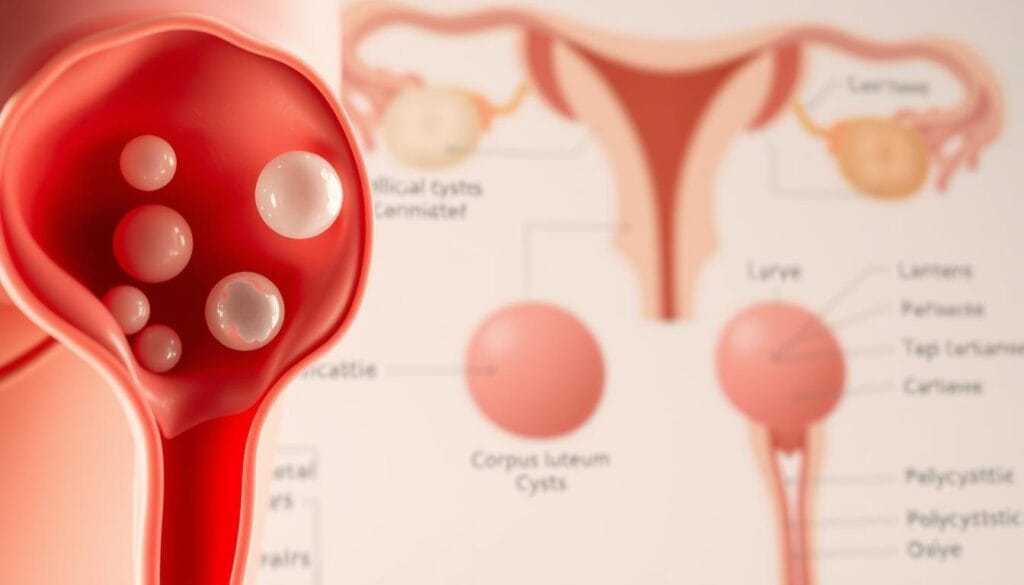 Kyste ovarien : symptômes, fatigue et signes d'alerte 2 A detailed medical illustration depicting the various types of ovarian cysts. In the foreground, a cross-section of the ovary showcases the different cystic structures, such as follicular cysts, corpus luteum cysts, and polycystic ovaries. The middle ground features labeled diagrams highlighting the key characteristics and differences between these cyst types. The background is a softly blurred medical diagram, providing anatomical context. The lighting is soft and directional, emphasizing the three-dimensional forms and textures of the cysts. The overall mood is informative and clinical, suitable for a medical article on ovarian cyst symptoms and warning signs.