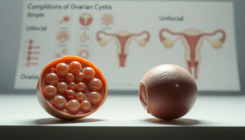 Kyste ovarien : symptômes, fatigue et signes d'alerte 3 A detailed medical illustration showcasing the complications of ovarian cysts. In the foreground, a delicate cross-section of an ovary reveals intricate cystic formations, their fluid-filled sacs bulging against the surrounding ovarian tissue. The middle ground depicts the various types of cysts, from simple unilocular to complex multilocular structures, each with its distinct morphology. In the background, a subtle anatomical diagram highlights the position of the ovaries within the female reproductive system, contextualizing the cystic pathology. The lighting is soft and diffused, creating a clinical yet informative atmosphere, while the perspective and angles provide a comprehensive, educational view of this gynecological condition.