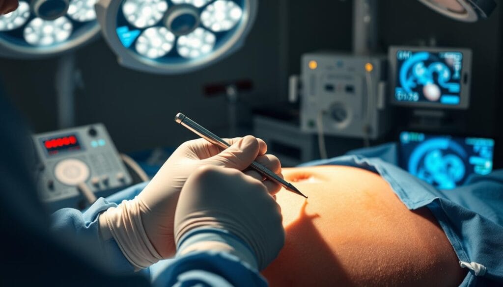Cœlioscopie : définition, avantages et déroulement 1 A detailed minimally invasive surgical procedure using carbon dioxide gas, performed with a slim camera and specialized instruments through small incisions. In the foreground, a surgeon's gloved hands delicately manipulate the laparoscopic tools, guiding them towards the target anatomy. The middle ground reveals the patient's abdomen, with a subtle incision site visible. The background showcases the high-tech surgical suite, with advanced medical equipment and monitors displaying real-time imagery. Soft, even lighting illuminates the scene, creating a sense of clinical precision and control. The overall mood conveys the surgeon's expertise and the patient's safety in this innovative, minimally invasive technique.