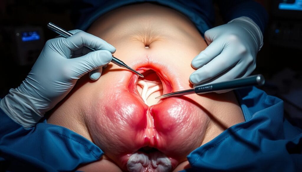 Salpingectomie : indications, technique et conséquences 3 A detailed surgical scene depicting a minimally invasive laparoscopic procedure, showcasing the delicate instruments and techniques used in a salpingectomy. The foreground features the patient's abdomen with a clear incision, surrounded by the surgeon's gloved hands deftly manipulating the laparoscopic tools. The middle ground reveals the illuminated surgical field, with the fallopian tube and surrounding anatomy visible. The background is dimly lit, with medical equipment and monitoring devices providing a sense of the clinical environment. The lighting is soft and directional, creating depth and emphasizing the precision of the surgeon's movements. The overall mood is one of focused concentration and the careful execution of a complex medical intervention.