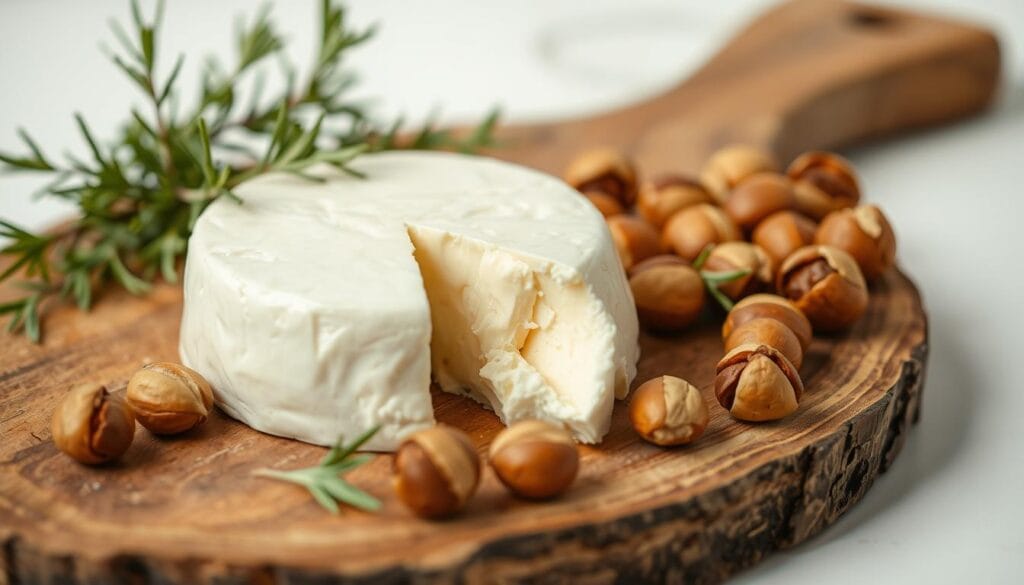 Fromage le moins calorique : top 10 pour garder la ligne 1 A fresh, creamy goat cheese resting on a rustic wooden board, surrounded by sprigs of rosemary and a scattering of toasted hazelnuts. The soft, pale cheese glistens under the warm, diffused lighting, its delicate texture inviting a closer look. In the background, a simple white backdrop allows the natural colors and textures of the cheese to take center stage, emphasizing its low-calorie, healthy appeal. The overall scene exudes a sense of simplicity and lightness, perfectly capturing the essence of a low-calorie, nutritious cheese option.