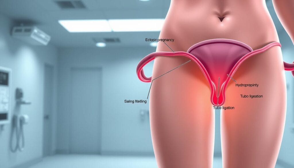 Salpingectomie : indications, technique et conséquences 2 A high-resolution, hyper-realistic medical illustration depicting the indications for salpingectomy. The image shows the female reproductive system in the foreground, with the fallopian tubes highlighted and annotated to indicate the various reasons for a salpingectomy procedure, such as ectopic pregnancy, hydrosalpinx, and tubal ligation. The background features a clean, sterile medical environment with subtle lighting and a sense of clinical precision. The composition emphasizes the importance and medical necessity of the salpingectomy, conveying a sense of professionalism and expertise. The overall tone is informative and educational, suitable for use in a medical article.