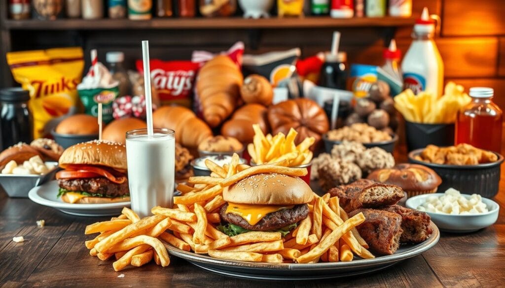 Comment prendre du poids rapidement en 3 jours : méthodes saines 3 A lavish spread of calorie-dense, nutrient-rich foods arranged artfully on a rustic wooden table. In the foreground, a hearty plate piled high with juicy burgers, crispy fries, and creamy milkshakes. In the middle ground, a cornucopia of dense baked goods - flaky croissants, buttery muffins, and dense cakes. In the background, a selection of high-calorie snacks and beverages - chips, candy, sodas, and milks. Soft, warm lighting casts a cozy glow over the indulgent feast, inviting the viewer to savor each decadent bite. The composition emphasizes the abundance and appeal of these calorie-dense, weight-gaining foods.