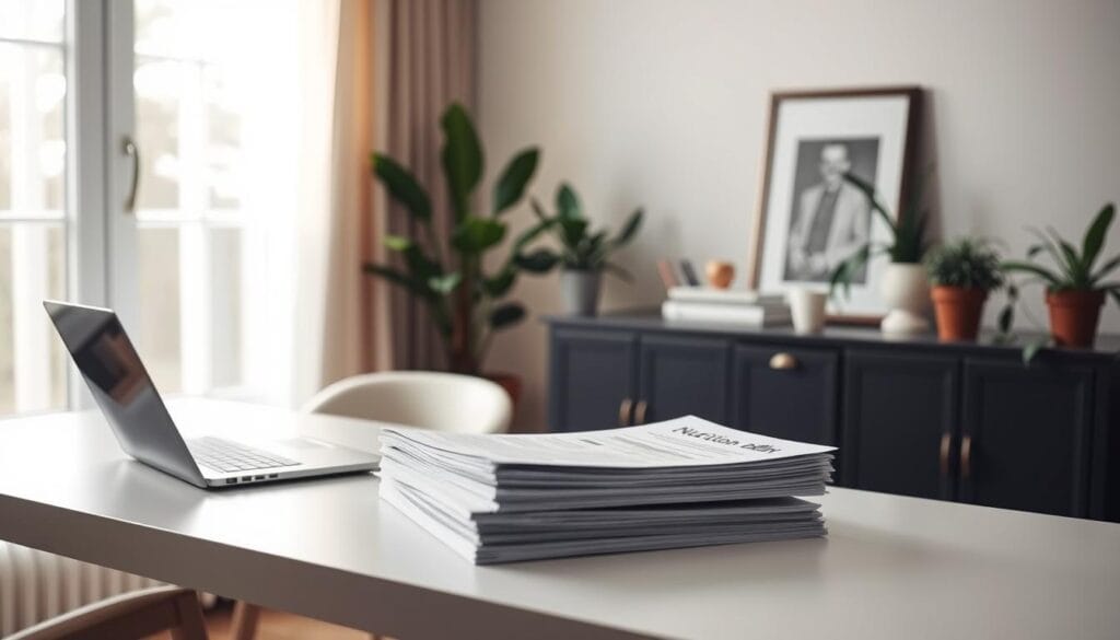 ATDN Santé : services, avis et prise de rendez-vous 1 A serene and cozy home office, bathed in soft, natural light from a large window. On the desk, a laptop and a stack of papers, representing a personalized nutrition plan. The background features minimalist yet elegant decor, with a few potted plants adding a touch of greenery. The overall mood is one of focus, productivity, and a personalized approach to health and wellness.