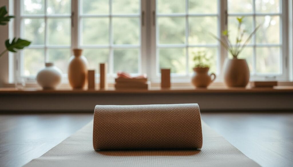 Kaizenly : avis, efficacité et guide d'utilisation 2 A serene and mindful yoga studio setting, with a well-crafted, sustainable yoga mat prominently displayed in the foreground. The mat is textured, with natural fibers and a subtle, earthy color palette that complements the tranquil atmosphere. In the middle ground, various eco-friendly yoga accessories, such as blocks and straps, are neatly arranged, highlighting their thoughtful design and commitment to sustainability. The background features a large window, allowing natural light to stream in, illuminating the space and creating a calming, rejuvenating ambiance. The overall composition conveys a sense of balance, harmony, and a deep connection to the natural world, perfectly capturing the essence of choosing an eco-friendly yoga mat.