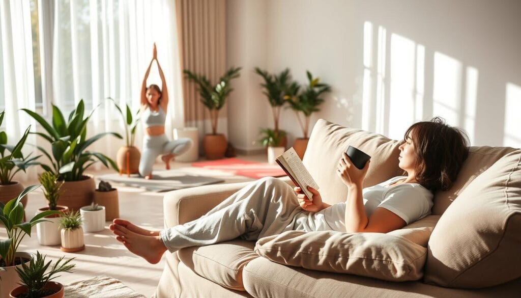 ATDN Santé : services, avis et prise de rendez-vous 2 A serene, sun-dappled scene of everyday well-being rituals. In the foreground, a person relaxes on a plush, neutral-toned sofa, reading a book and sipping a steaming beverage. Surrounding them, potted plants, natural light filtering through sheer curtains, and a sense of tranquility. In the middle ground, a person practices gentle yoga poses on a colorful mat, embodying mindfulness. The background suggests a modern, minimalist home interior, with clean lines and muted colors, creating a calming, focused atmosphere. The lighting is soft and diffuse, accentuating the warmth and comfort of the scene. This image conveys the integration of health-conscious practices into the everyday fabric of life.