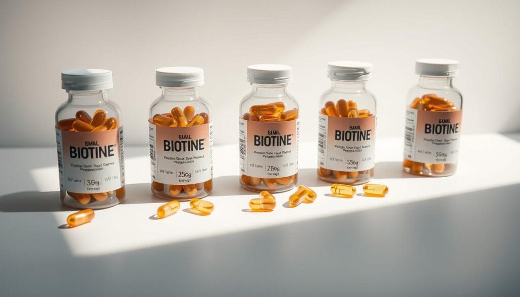 Vitamine B7 : bienfaits, sources et dosage recommandé 3 A sleek, minimal still life composition showcasing a row of dietary supplement bottles filled with golden-brown biotine capsules. The bottles are arranged on a clean, white surface, casting soft shadows. The lighting is directional, creating subtle highlights and shadows that accentuate the three-dimensional form of the capsules. The background is a simple, neutral color, allowing the products to be the focal point. The overall mood is one of purity, quality, and professionalism, reflecting the subject of the "Dosage recommandé, précautions et usages" section.