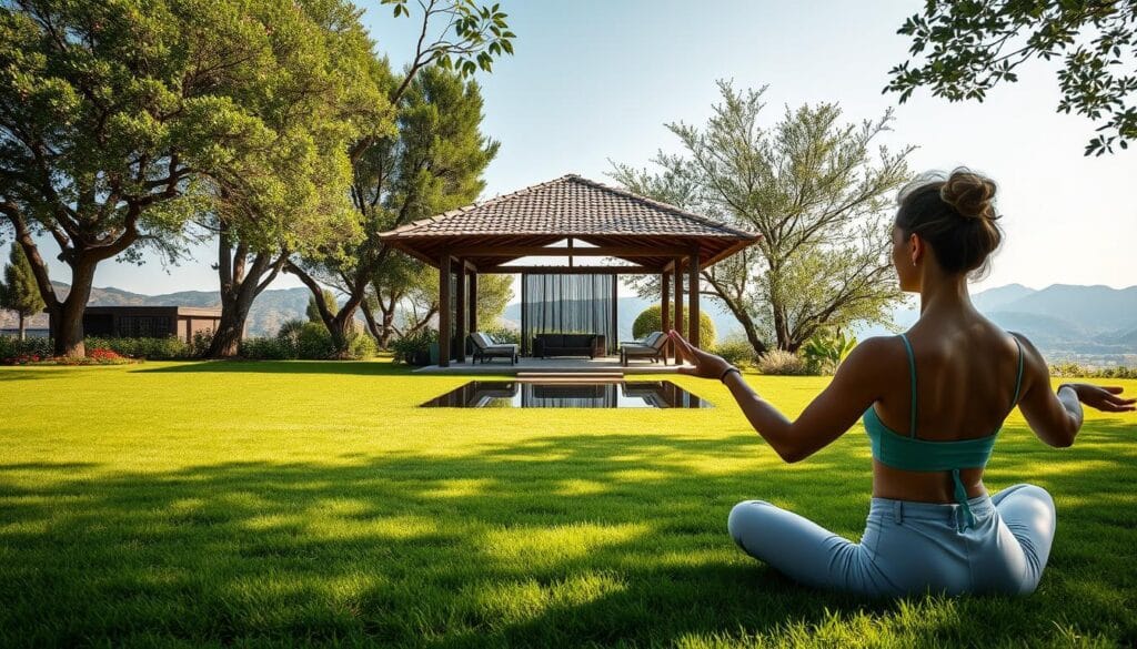 Celyatis : avis, efficacité et guide d'achat 1 A tranquil scene of a serene wellness retreat, Celyatis. In the foreground, a serene woman practicing gentle yoga poses on a lush, verdant lawn, illuminated by soft natural light. In the middle ground, a wooden pavilion with a thatched roof, surrounded by flourishing greenery and a reflection pool, creating a calming atmosphere. In the background, rolling hills and a cloudless sky, exuding a sense of peaceful isolation. The overall composition evokes a harmonious and rejuvenating wellness experience, showcasing the effectiveness and benefits of Celyatis' holistic approaches to well-being.