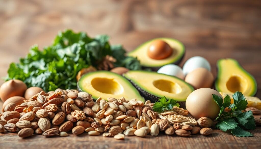 Vitamine B7 : bienfaits, sources et dosage recommandé 1 A vibrant still life arrangement showcasing an assortment of high-biotin foods. In the foreground, a variety of nuts and seeds, including almonds, walnuts, and sunflower seeds, are arranged artfully on a wooden table. In the middle ground, leafy greens such as spinach and kale are presented alongside fresh avocado slices and a handful of eggs. The background features a soft, warm lighting that casts a natural glow, emphasizing the rich colors and textures of the ingredients. The composition is balanced, drawing the viewer's eye to the diverse range of biotin-rich foods suitable for a healthy, balanced diet.